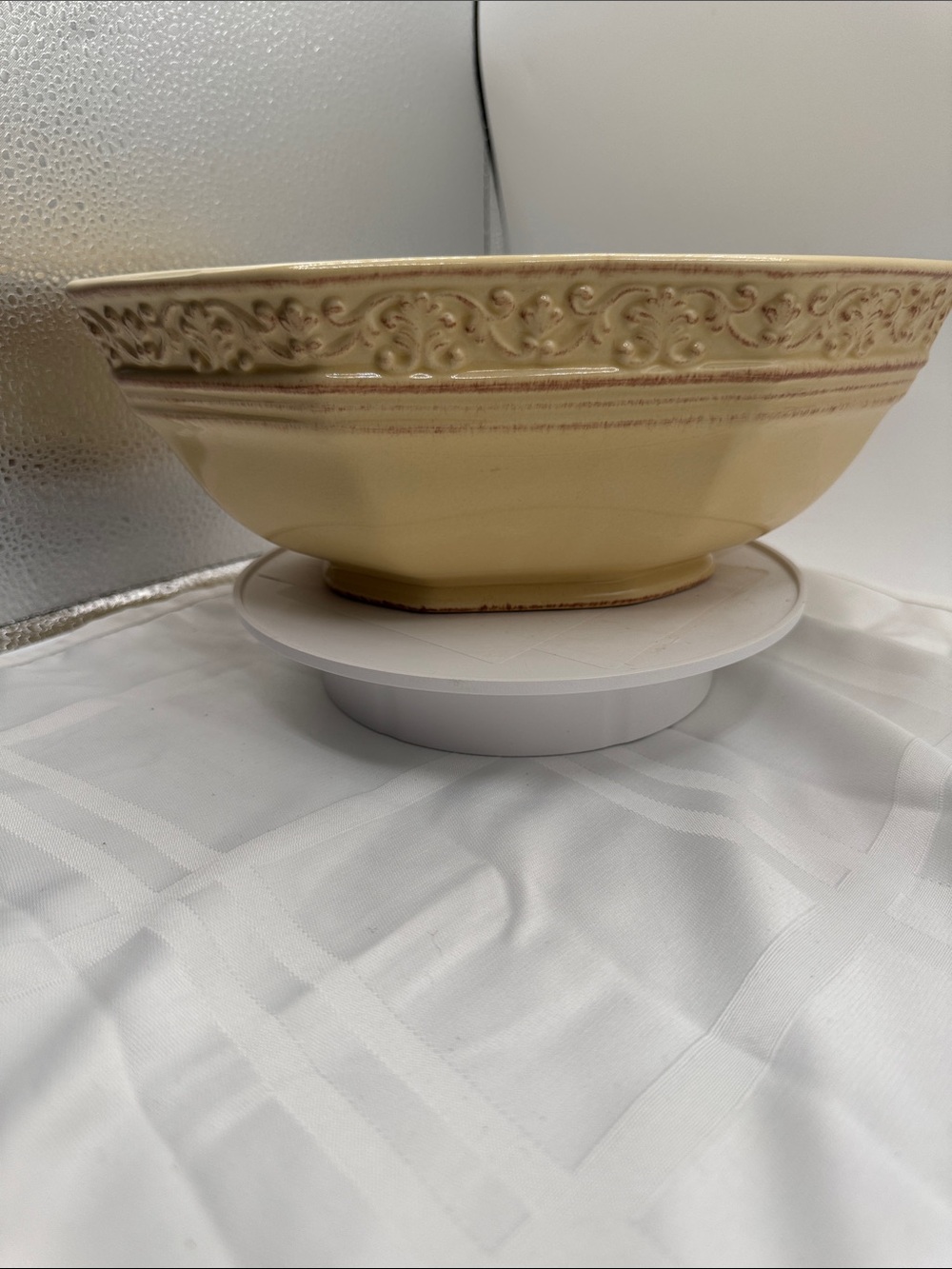 JCPenny oval vegetable bowl butter, yellow, octagon shape, scroll detail vintage